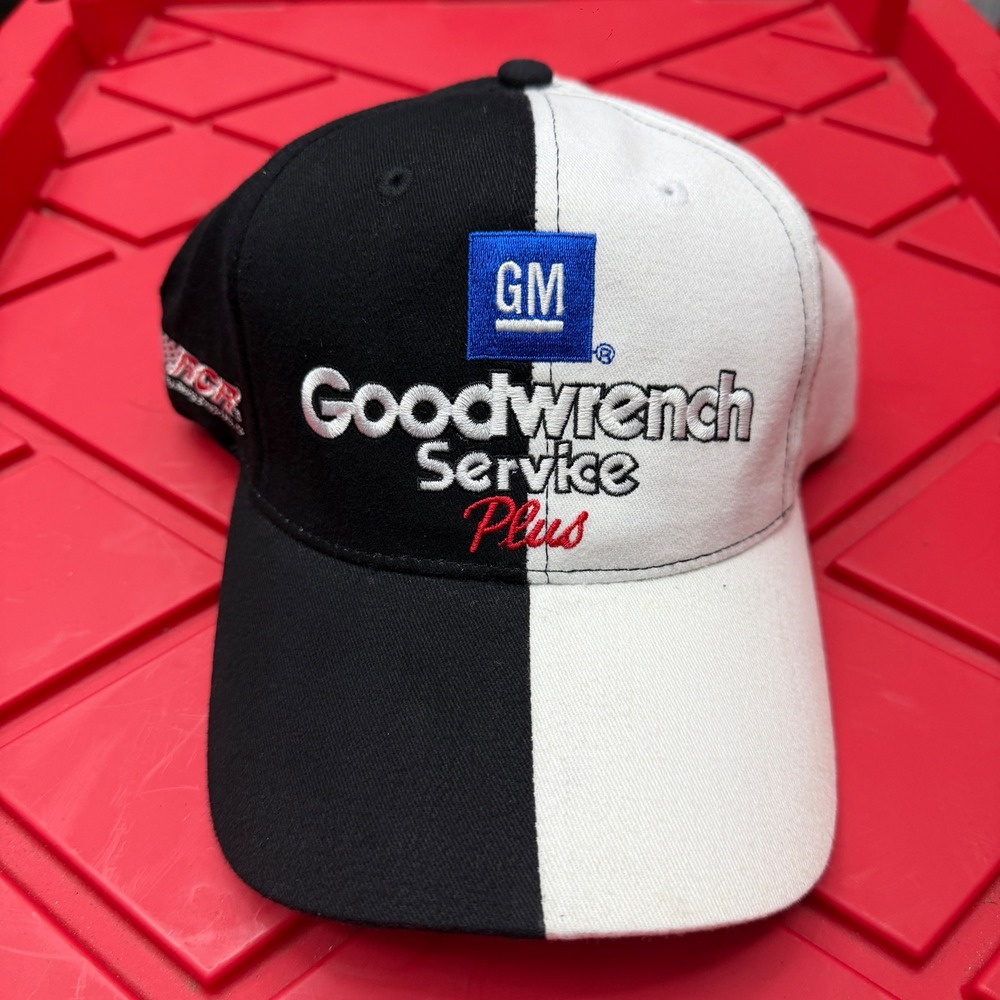 VTG 90s GM Goodwrench Service Plus NASCAR Hat Split Black White Strapback Cap